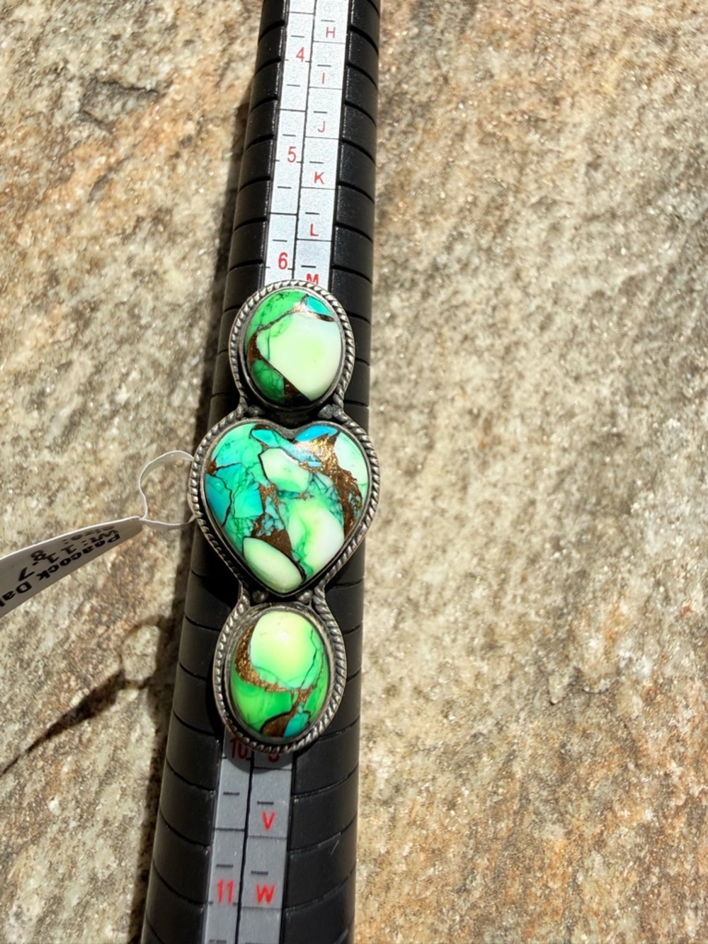Green Peacock Dahlia turquoise Heart and Oval 925 Sterling Silver Ring.